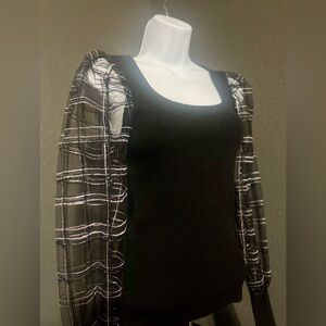 Black Top with Sheer Plaid Sleeves